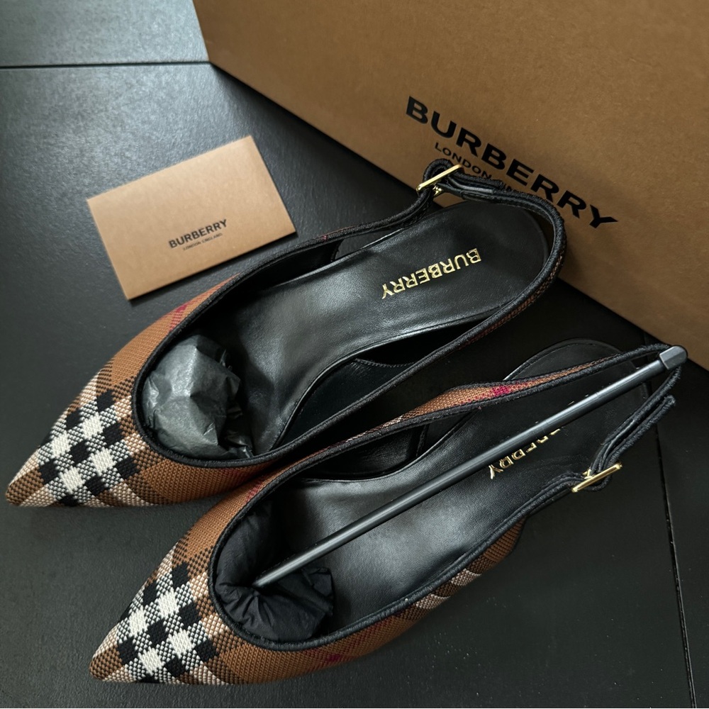 Burberry New Women's Brown Plaid Slingback Heels Pumps Size 36